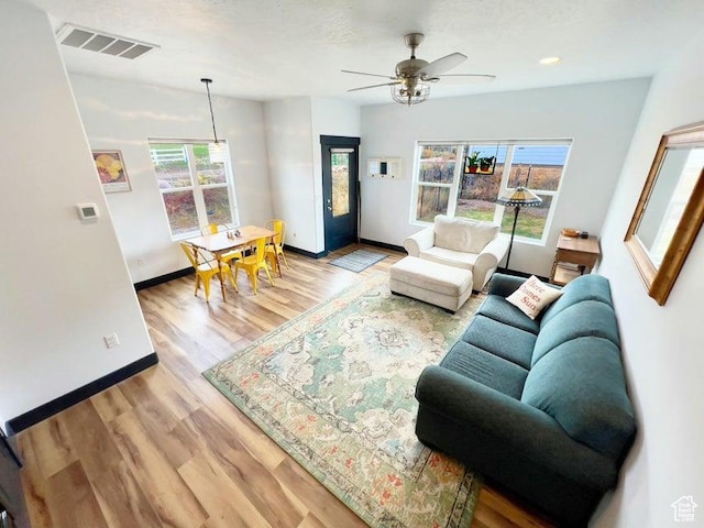 174 S 200 E, Pine Valley, UT 84781 - living area featuring light wood-type flooring, baseboards, visible vents, and ceiling fan