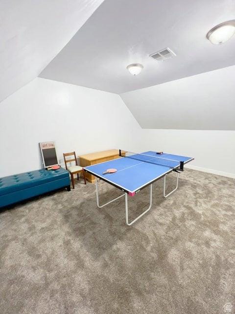 174 S 200 E, Pine Valley, UT 84781 - recreation room with baseboards, lofted ceiling, visible vents, and carpet