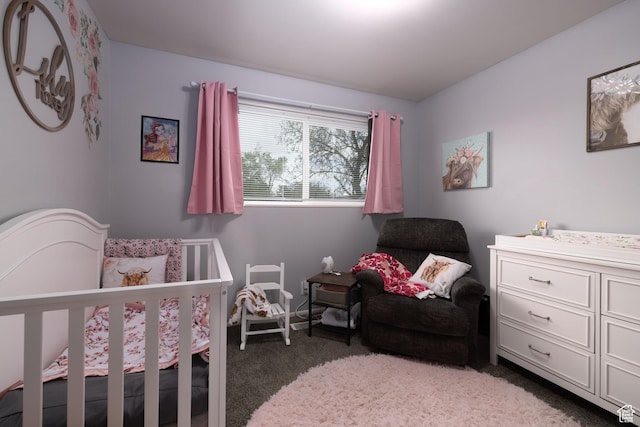 bedroom with light colored carpet