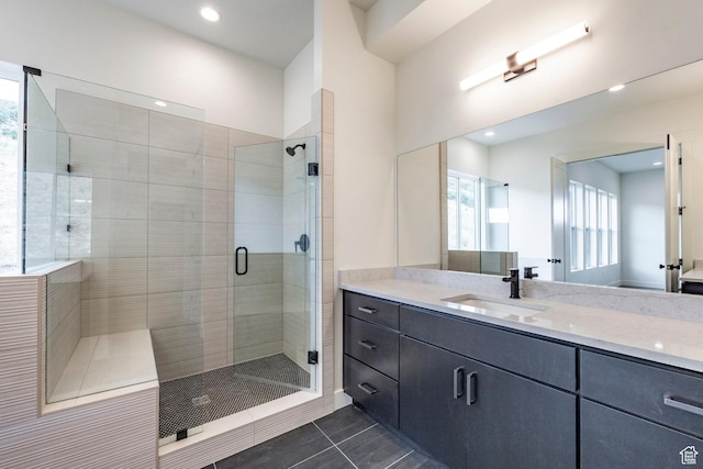 495 W Ascent Dr, Hideout, UT 84036 - full bathroom featuring a shower stall, vanity, tile patterned floors, and recessed lighting