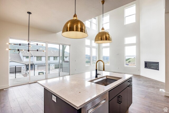 495 W Ascent Dr, Hideout, UT 84036 - kitchen featuring stainless steel dishwasher, a sink, plenty of natural light, light wood-style floors, and decorative light fixtures