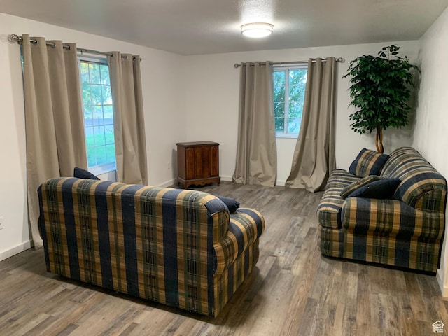 living area with wood finished floors, a healthy amount of sunlight, and baseboards