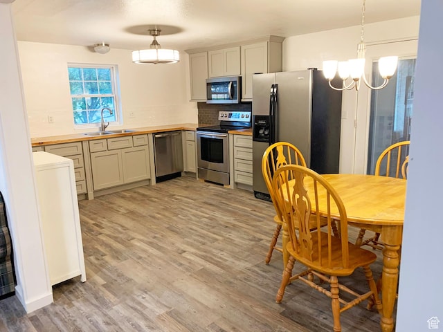 kitchen with light wood-style flooring, a sink, tasteful backsplash, wooden counters, and appliances with stainless steel finishes