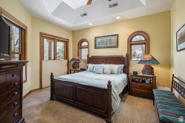 3270 E Rim Vistas Cir, Moab, UT 84532 - bedroom featuring light carpet, a ceiling fan, visible vents, and recessed lighting