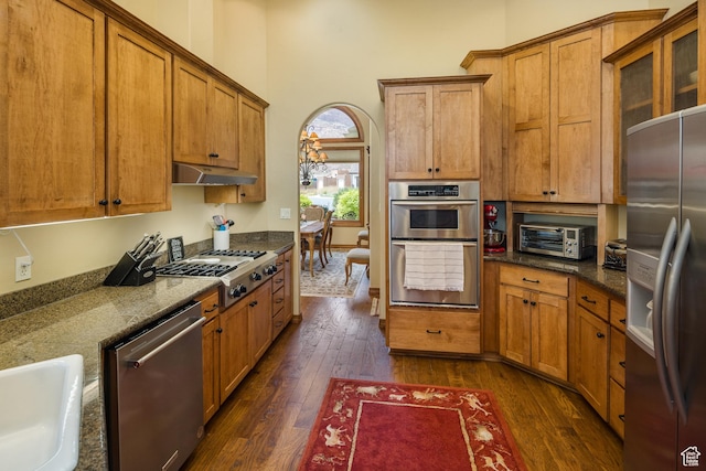 3270 E Rim Vistas Cir, Moab, UT 84532 - kitchen with brown cabinetry, dark wood finished floors, under cabinet range hood, and stainless steel appliances
