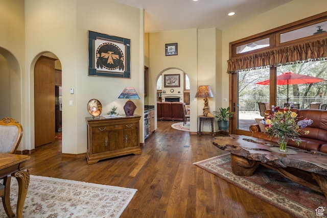 3270 E Rim Vistas Cir, Moab, UT 84532 - living room featuring arched walkways, dark wood-type flooring, a high ceiling, and a fireplace