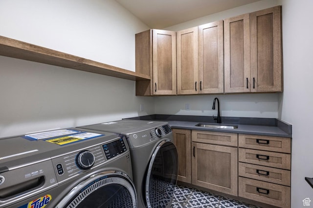 laundry room featuring cabinet space, washing machine and clothes dryer, and a sink