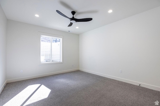 spare room featuring baseboards, carpet, recessed lighting, and ceiling fan
