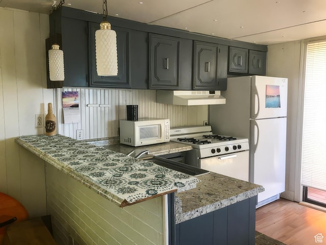 2904 S Edgemont Dr, Garden City, UT 84028 - kitchen featuring white appliances, under cabinet range hood, light wood-style floors, a peninsula, and light stone counters