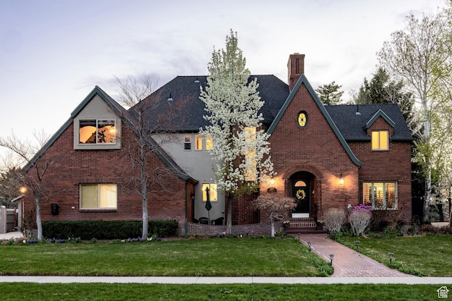 tudor home featuring a chimney, brick siding, and a front yard