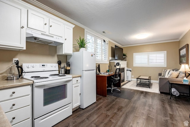 kitchen with white appliances, ornamental molding, under cabinet range hood, dark wood-style flooring, and open floor plan