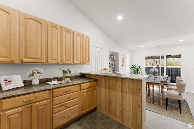 kitchen featuring a peninsula, recessed lighting, lofted ceiling, open shelves, and light brown cabinets