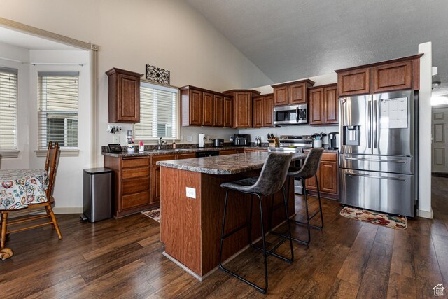 6576 W Oak Bridge Dr, West Jordan, UT 84081 - kitchen with stainless steel appliances, dark wood-style floors, high vaulted ceiling, dark countertops, and a kitchen island