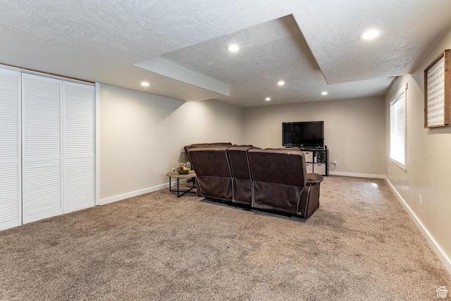 6576 W Oak Bridge Dr, West Jordan, UT 84081 - living area featuring carpet floors, a textured ceiling, recessed lighting, and baseboards