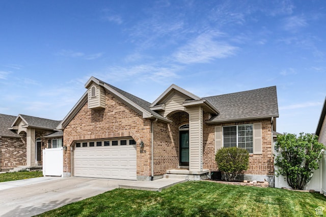 single story home featuring concrete driveway, an attached garage, a front yard, brick siding, and roof with shingles