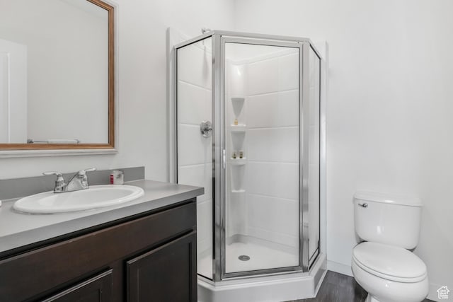 bathroom with wood finished floors, vanity, toilet, and a stall shower