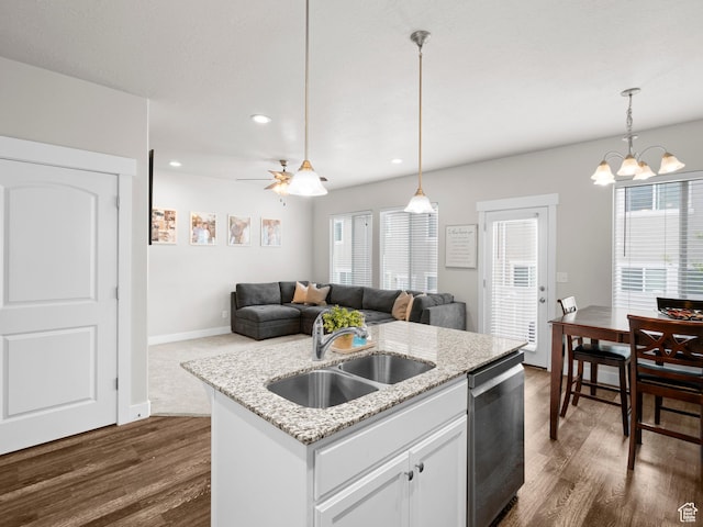 kitchen featuring dark wood finished floors, stainless steel dishwasher, a sink, and a wealth of natural light