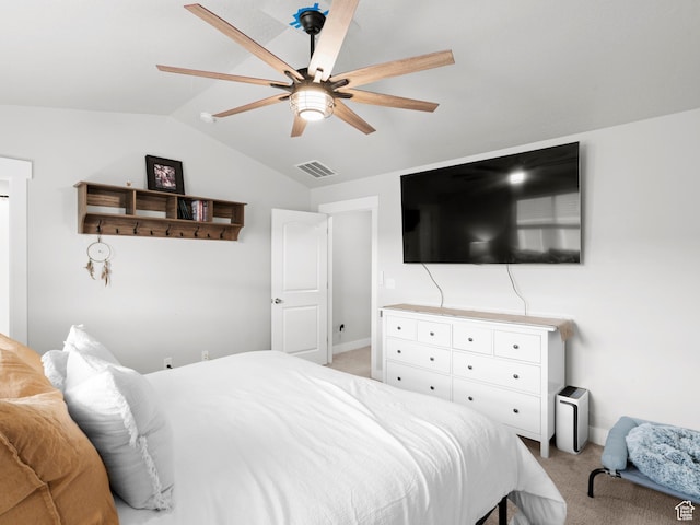 bedroom with ceiling fan, light carpet, baseboards, lofted ceiling, and visible vents