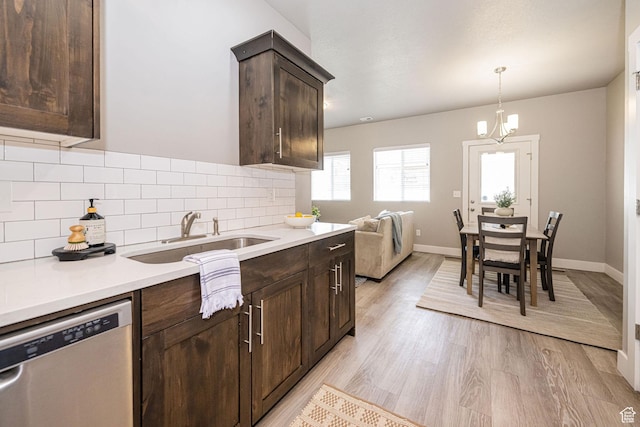 2276 W 2625 S Unit 110, West Haven, UT 84401 - kitchen with stainless steel dishwasher, dark brown cabinets, a sink, decorative backsplash, and light wood-type flooring