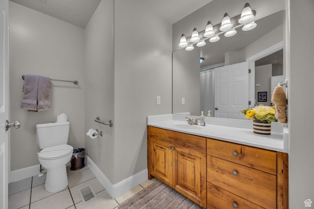 full bath featuring tile patterned floors, visible vents, toilet, vanity, and baseboards