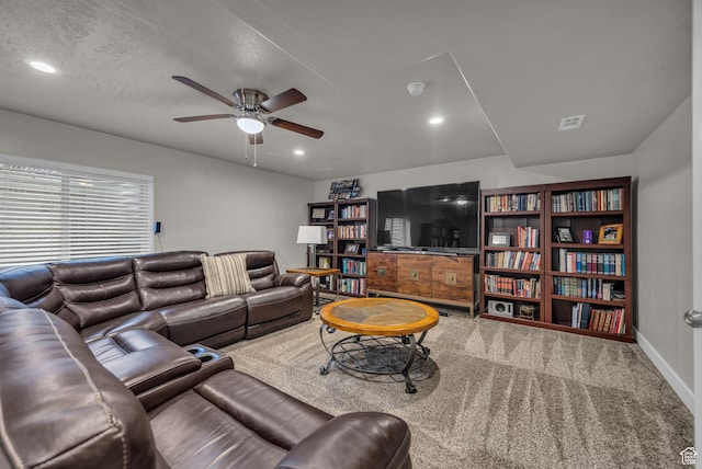 carpeted living room with recessed lighting, baseboards, and ceiling fan