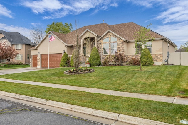 single story home featuring stucco siding, stone siding, concrete driveway, and a garage