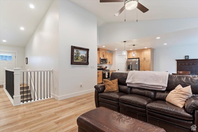 816 E Clover Way, Morgan, UT 84050 - living room featuring recessed lighting, a ceiling fan, light wood-type flooring, baseboards, and high vaulted ceiling