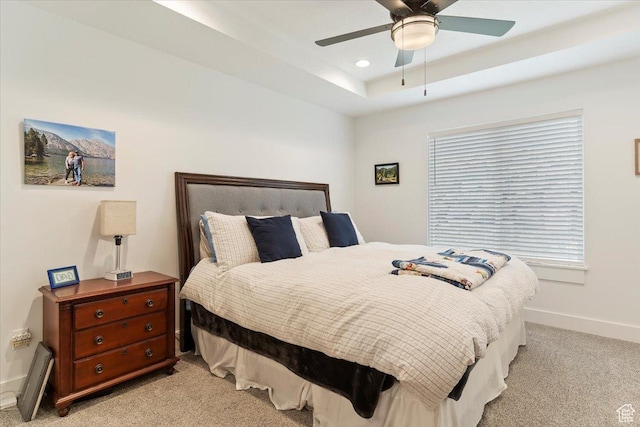 816 E Clover Way, Morgan, UT 84050 - bedroom featuring a tray ceiling, baseboards, recessed lighting, light colored carpet, and ceiling fan
