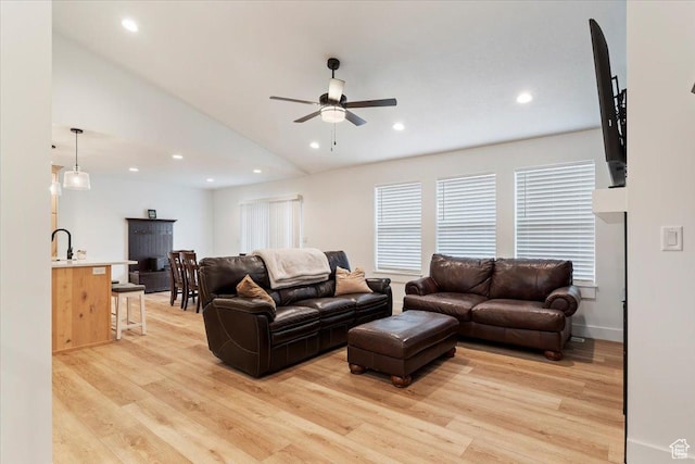 816 E Clover Way, Morgan, UT 84050 - living room with a ceiling fan, light wood-style flooring, vaulted ceiling, and recessed lighting