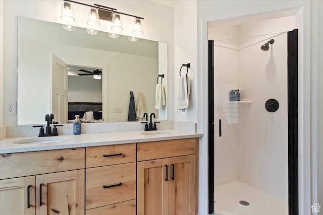 816 E Clover Way, Morgan, UT 84050 - bathroom with ensuite bathroom, a shower stall, double vanity, and a ceiling fan