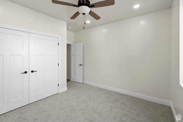 48 N Meadow Dr, Pine Valley, UT 84781 - unfurnished bedroom featuring recessed lighting, a closet, baseboards, light colored carpet, and ceiling fan