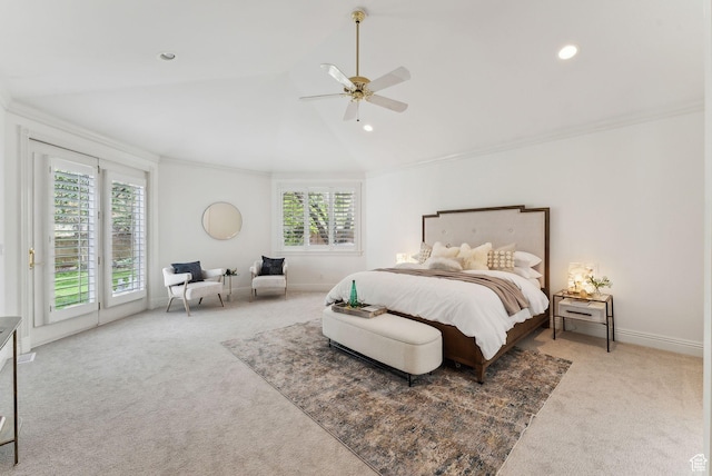 6391 S Shenandoah Park Ave E, Salt Lake City, UT 84121 - bedroom featuring vaulted ceiling, carpet floors, ornamental molding, and access to exterior