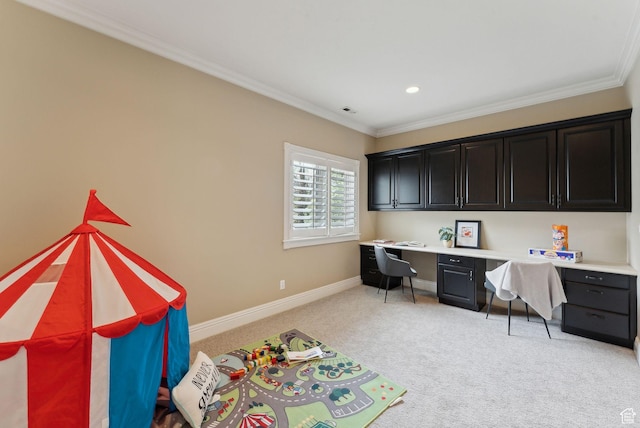 6391 S Shenandoah Park Ave E, Salt Lake City, UT 84121 - office with visible vents, baseboards, light colored carpet, built in study area, and crown molding