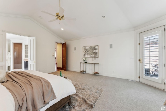 6391 S Shenandoah Park Ave E, Salt Lake City, UT 84121 - bedroom featuring vaulted ceiling, crown molding, access to exterior, and light carpet