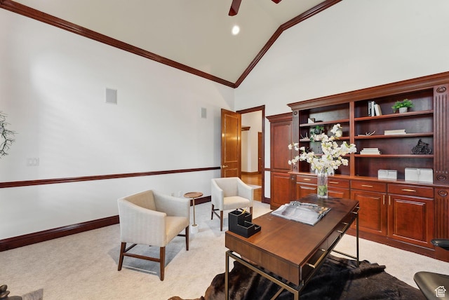 6391 S Shenandoah Park Ave E, Salt Lake City, UT 84121 - office area with visible vents, ornamental molding, light colored carpet, high vaulted ceiling, and ceiling fan