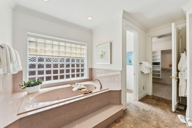 6391 S Shenandoah Park Ave E, Salt Lake City, UT 84121 - bathroom featuring a walk in closet, ornamental molding, tile patterned floors, and a whirlpool tub