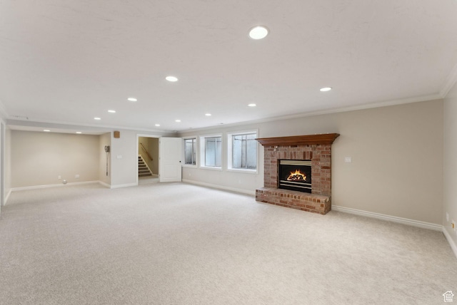 6391 S Shenandoah Park Ave E, Salt Lake City, UT 84121 - basement with light colored carpet, crown molding, stairs, and recessed lighting