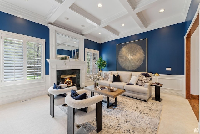 6391 S Shenandoah Park Ave E, Salt Lake City, UT 84121 - carpeted living area with coffered ceiling, visible vents, a premium fireplace, beam ceiling, and crown molding
