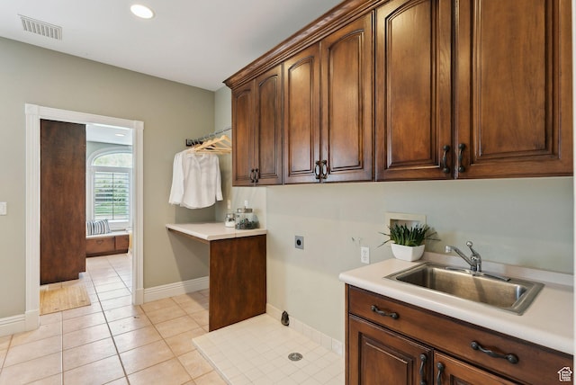 6391 S Shenandoah Park Ave E, Salt Lake City, UT 84121 - laundry room featuring a sink, baseboards, visible vents, cabinet space, and electric dryer hookup
