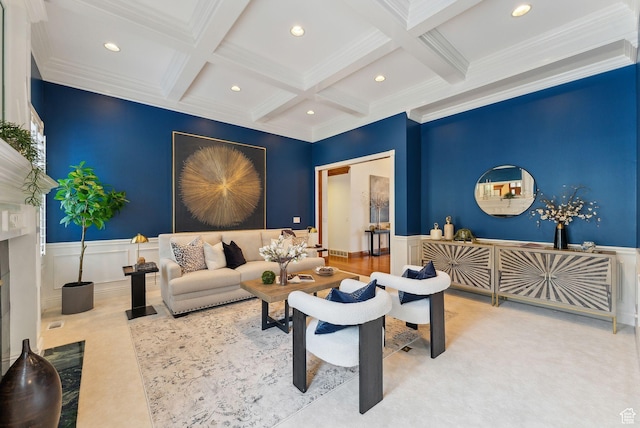 6391 S Shenandoah Park Ave E, Salt Lake City, UT 84121 - living room featuring beam ceiling, wainscoting, coffered ceiling, crown molding, and a decorative wall
