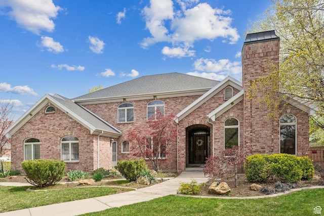 view of front of property with brick siding, a front yard, and roof with shingles