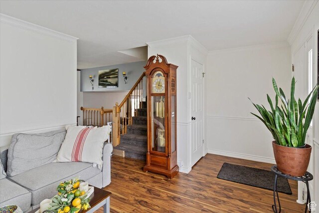 6241 S Barton Park Dr, West Jordan, UT 84081 - living room with stairs, ornamental molding, wood finished floors, and baseboards