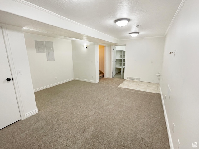 112 E Ama Fille Ln, Payson, UT 84651 - finished basement with light carpet, a textured ceiling, baseboards, stairs, and crown molding