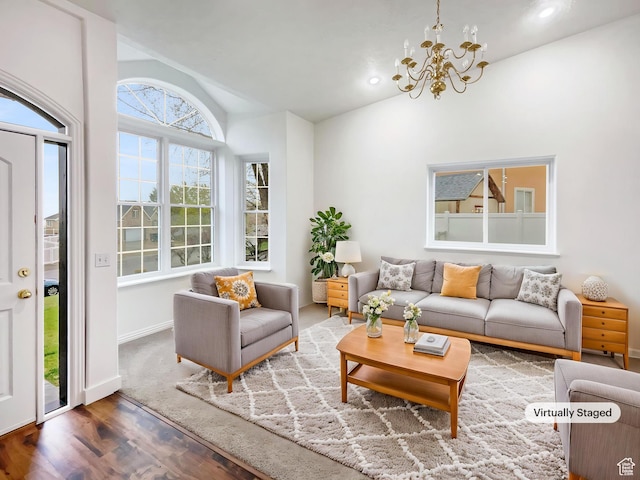 112 E Ama Fille Ln, Payson, UT 84651 - living area with recessed lighting, lofted ceiling, an inviting chandelier, wood finished floors, and baseboards