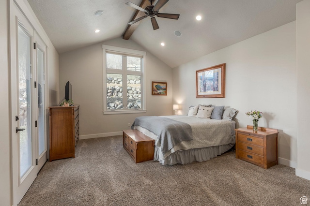 carpeted bedroom featuring baseboards, recessed lighting, and a ceiling fan