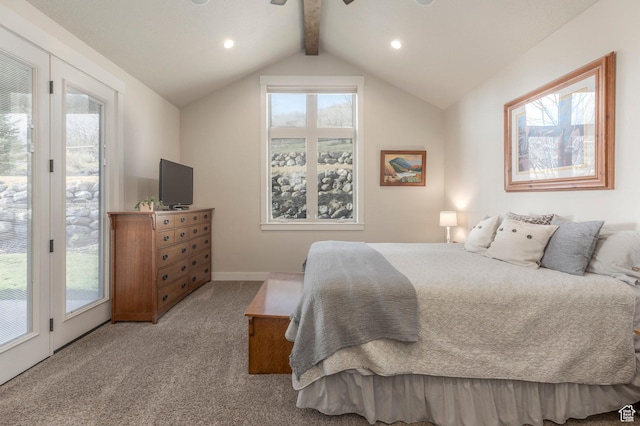 bedroom with access to outside, carpet, recessed lighting, and baseboards