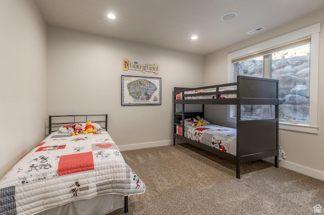bedroom featuring carpet floors, baseboards, and recessed lighting