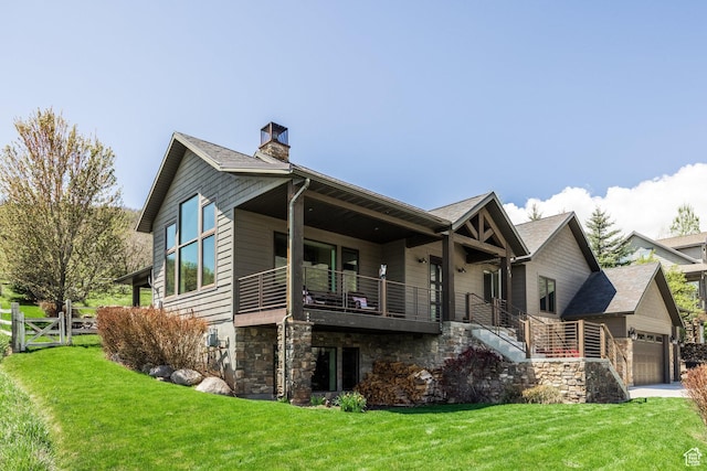 view of front of property featuring a chimney, an attached garage, stairway, a balcony, and stone siding