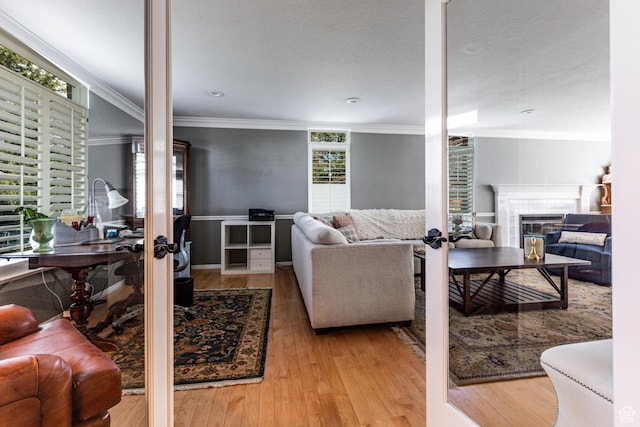 637 S Pine Meadow Ln, Tooele, UT 84074 - living room featuring hardwood / wood-style floors, a fireplace, and crown molding