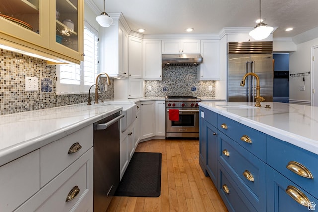 637 S Pine Meadow Ln, Tooele, UT 84074 - kitchen with premium appliances, white cabinets, a sink, blue cabinetry, and under cabinet range hood